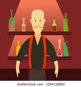 bartender on the background of shelves with bottles
