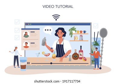 Bartender online service or platform. Barman preparing alcoholic drinks with shaker at bar. Video tutorial. Isolated flat vector illustration