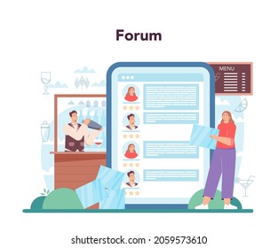 Bartender online service or platform. Barman preparing alcoholic drinks with shaker. Bartender at bar counter mixing cocktails. Online forum. Flat vector illustration