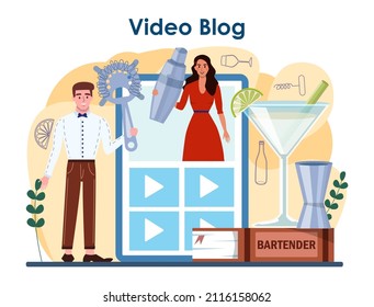 Servicio o plataforma en línea de Bartender. Barman preparando bebidas alcohólicas. El portero de la barra del bar mezcla cócteles. Video blog. Ilustración vectorial plana