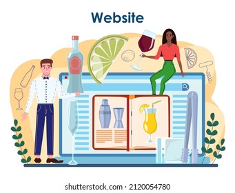 Bartender online service or platform. Barman preparing alcoholic drinks. Barkeeper standing at bar counter, mixing cocktails. Website. Flat vector illustration