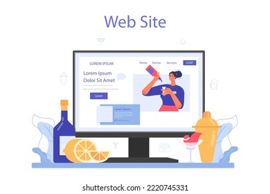 Bartender Online-Service oder Plattform. Barman bereitet alkoholische Getränke vor. Barkeeper an der Bar-Theke, Mixen von Cocktails. Website. Flache Vektorgrafik