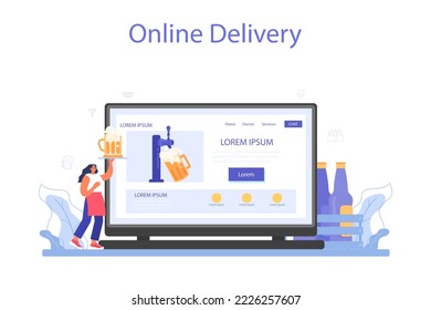 Bartender online service or platform. Barman preparing alcoholic drinks. Barkeeper standing at bar counter, mixing cocktails. Online delivery. Flat vector illustration