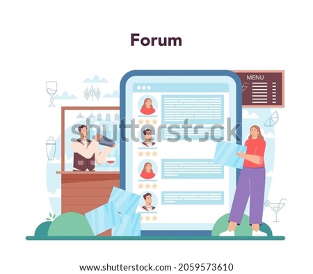 Bartender online service or platform. Barman preparing alcoholic drinks with shaker. Bartender at bar counter mixing cocktails. Online forum. Flat vector illustration