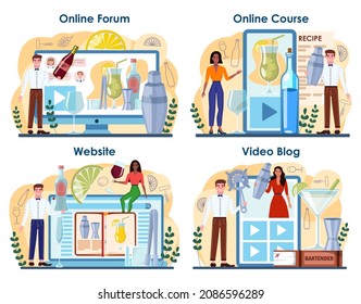 Bartender online service or platform set. Barman preparing alcoholic drinks. Barkeeper standing at bar counter, mixing cocktails. Online forum, course, video blog, website. Flat vector illustration