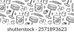 Bartender outline seamless pattern. Featuring cocktail glasses, cherries, strawberries, ice cubes, rosemary, and sparkling stars. Perfect for mixology and bar themes. Trendy vector doodle illustration