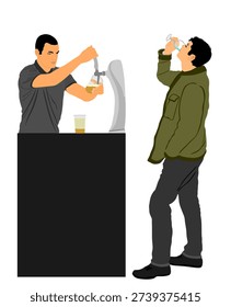 Bartender pouring beer for client customer vector illustration isolated. Dispensing alcohol drink in bar from spigots tapping. Waiter man service drink for quests. Party boy tasting beverage joy fun.
