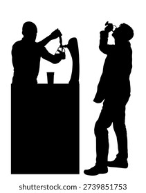 Bartender pouring beer for client customer vector silhouette isolated. Dispensing alcohol drink in bar from spigots tapping. Waiter man service drink for quests. Party boy tasting beverage joy fun.
