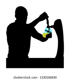 Bartender pouring beer for client vector silhouette illustration isolated on white. Dispensing beer in bar from metal spigots, tapping beer. Waiter man service drink for quests. Party beverage enjoy.