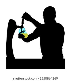 Barkeeper gießt Bier für Kunden Vektor Silhouette Illustration einzeln auf weiß. Bier in Bar aus Metallzapfen abgeben, Bier abzapfen. Kellner-Service-Drink für Quests. Partygetränk genießen.