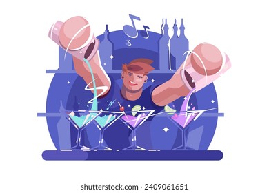 Bartender Pouring Cocktails, vector illustration. Scene depicts a silhouette of a bartender skillfully pouring cocktails into glasses at a lively bar