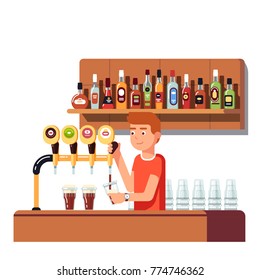 Bartender pouring dark stout beer to glass. Male barkeeper working at bar counter beer tap filling alcohol drink glass. Professional bartender. Flat vector isolated illustration.