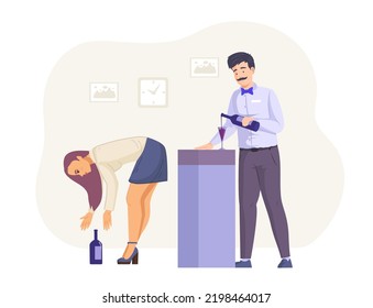 Bartender pouring wine into glass while girl going to pick up bottle from floor. Beautiful girl seducing man at party. Man looking at female colleague bending down of wine flat vector