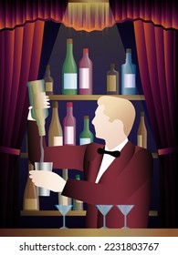 The bartender pours a drink from a bottle into a glass.. The bar in the background. Vector illustration