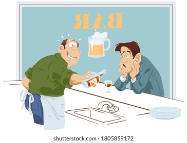 Bartender pours drink for a sad customer. Illustration concept for website and mobile website development.