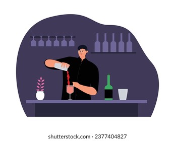Bartender pours drinks to serve to customers, various types of drinks, nightlife vector illustration.