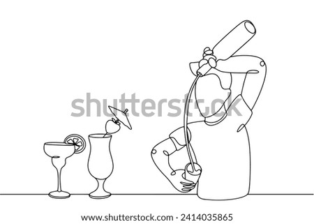 The bartender prepares a cocktail at the bar counter. Next to him are two creative drinks. Vector illustration. Images produced without the use of any form of AI software at any stage. 
