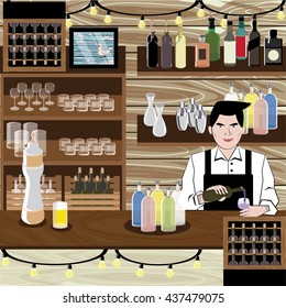 Bartender prepares cocktails vector stock illustration. A young bartender preparing a mixed drinks at a bar, several bottles of alcohol and wine glass behind him. Nightlife Vector. Bar Vector.