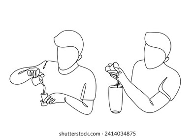 The bartender is preparing a cocktail. He pours the liquid into the jigger and pours it into the shaker. Vector illustration. Images produced without the use of any form of AI software at any stage. 