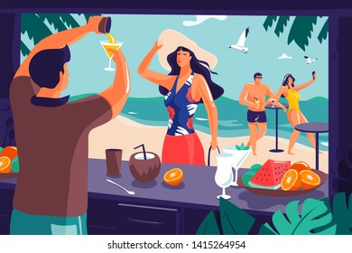 Bartender preparing drink in the beach bar for lady in straw hat and blue floral swimsuit on sandy beach with couple of people making selfie in background. Summer vacation / holidays illustration.