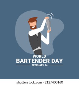 The bartender is preparing a drink with a silver shaker, as a banner or poster, world bartender day. vector illustration.