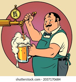 The bartender in the pub is pouring draft beer. Alcoholic beverage, beer restaurant