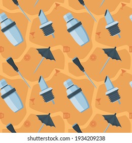 Bartender Seamless Pattern with Drink Pourer, Cobbler Shaker, Ice Pick, and Umbrella Toothpick. You can use this design to create poster, tshirt, pillow, tote bag, pouch, phone case, etc.