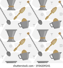 Bartender Seamless Pattern with Jigger, Absinthe, Hand Juicer, and Bartender Spoon. You can use this design to create poster, tshirt, pillow, tote bag, pouch, phone case, etc.