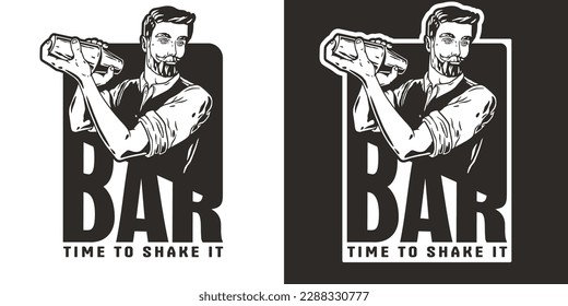 Barman con agitador para el regateo. Barman con barba y bigote para tomar un cóctel bar.
