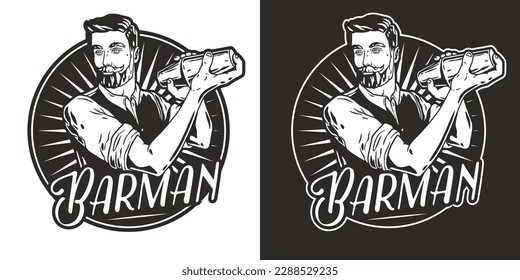 Bartender with shaker for bartending. Barman with beard and mustache for cocktail bar.