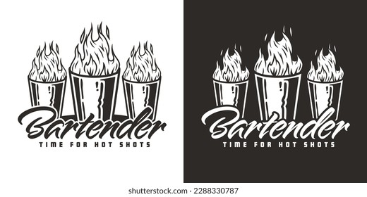 Bartender shot with fire for bartending. Steel glass with flame for barman of cocktail bar.
