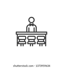 Bartender standing at the bar counter line icon. linear style sign for mobile concept and web design. Barman and bar counter outline vector icon. Symbol, logo illustration. Pixel perfect vector 