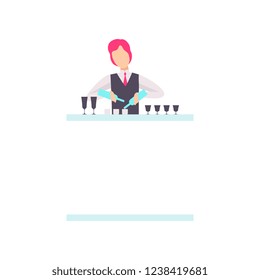 Bartender standing at the bar counter mixing cocktails, barman at work at at the bar or nightclub vector Illustration on a white background