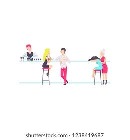 Bartender standing at the bar counter mixing cocktails, people resting and drinking cocktails at the bar or nightclub vector Illustration on a white background