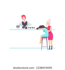 Bartender standing at the bar counter mixing cocktails, drunk girls sitting at the bar or nightclub vector Illustration on a white background