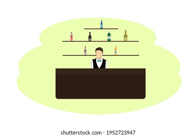 the bartender is standing behind the bar.a man selling alcohol vector illustration in the style of flat.bartender's job