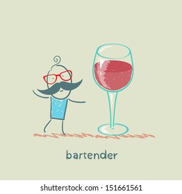 bartender stands next to a large glass of wine