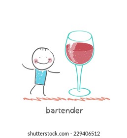 bartender stands next to a large glass of wine