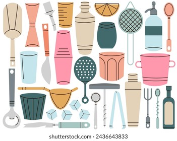 Bartender stuff bar equipment set for alcohol drink and cocktail preparation vector illustration. Shaker stainless jar, pitcher, strainer, corkscrew, jigger and steel basket for ice utensils