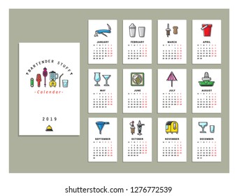 Bartender stuff calendar 2019. Vector