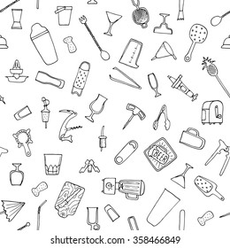 Bartender stuff. Seamless pattern. Big hand drawn collection. Vector. Isolated.