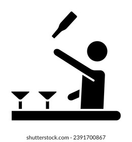 Bartender throws up a bottle of drink solid icon, Bartenders Day concept, Bartender juggles drinks sign on white background, barman prepares cocktail icon in glyph style. Vector graphics