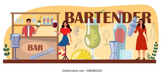 Bartender typographic header. Barman preparing alcoholic drinks with shaker at bar. Barkeeper standing at bar counter, mixing cocktails. Isolated flat vector illustration