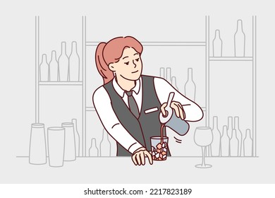 Bartender In Uniform Making Cocktail At Bar. Smiling Female Waitress Make Drink In Restaurant At Counter. Alcohol And Beverage. Vector Illustration. 