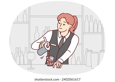 Bartender in uniform making cocktail at bar. Smiling female waitress make drink in restaurant at counter. Alcohol and beverage. Vector illustration.