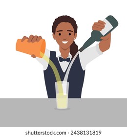 Bartender in uniform making cocktail at bar. Flat vector illustration isolated on white background