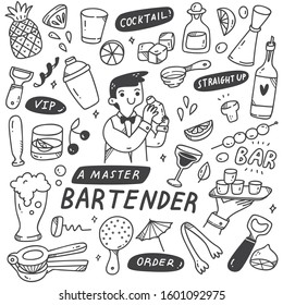 Bartender and Various Related Object in Doodle Style