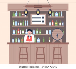 Bartender is waiting for customers behind bar. Evening or night bar with alcoholic drinks. Time to drink, bottles of beer and vodka, vector scene