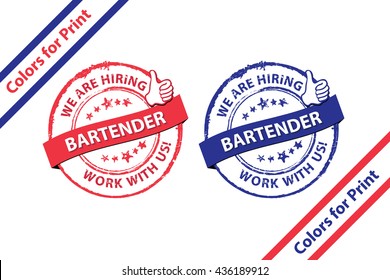 Bartender wanted. We hire - set of blue and red grunge stamps / labels 