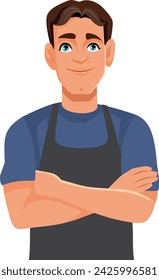 
Bartender Wearing an Apron Vector Cartoon Character
Happy waiter in uniform greeting customers 

